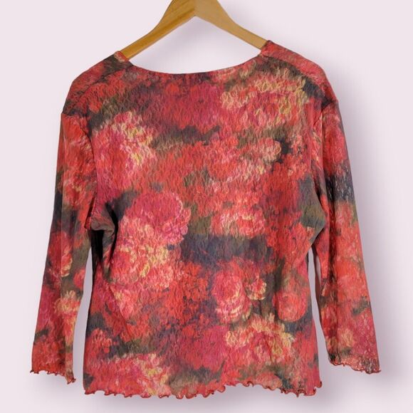 VICTOR CARLINI Floral Lace Top Sz XL Lettuce Trim 90s 2000s Watercolor Pink - Picture 8 of 8